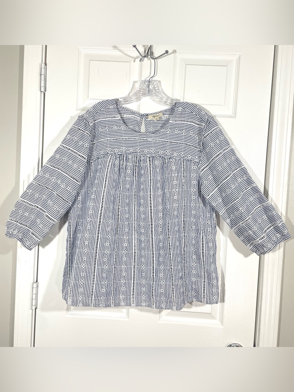 Style & Co Blue White Embroidered Stripe Boho Blouse XL